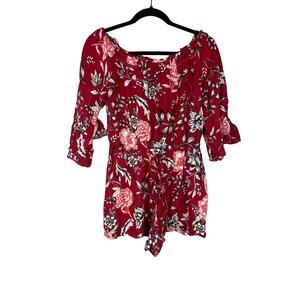 Angie Red Floral Paisley Romper Large 100% Rayon Stretch Festival Boho